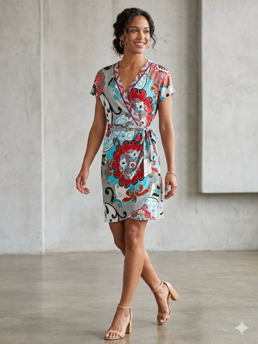 Hale Bob Multicolor Floral Wrap Dress - Red, Teal, Black, White